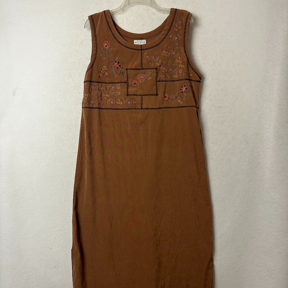 Dress sz L 12/14 brown sleeveless maxi floral‎ embroidery cottagecore woodsy